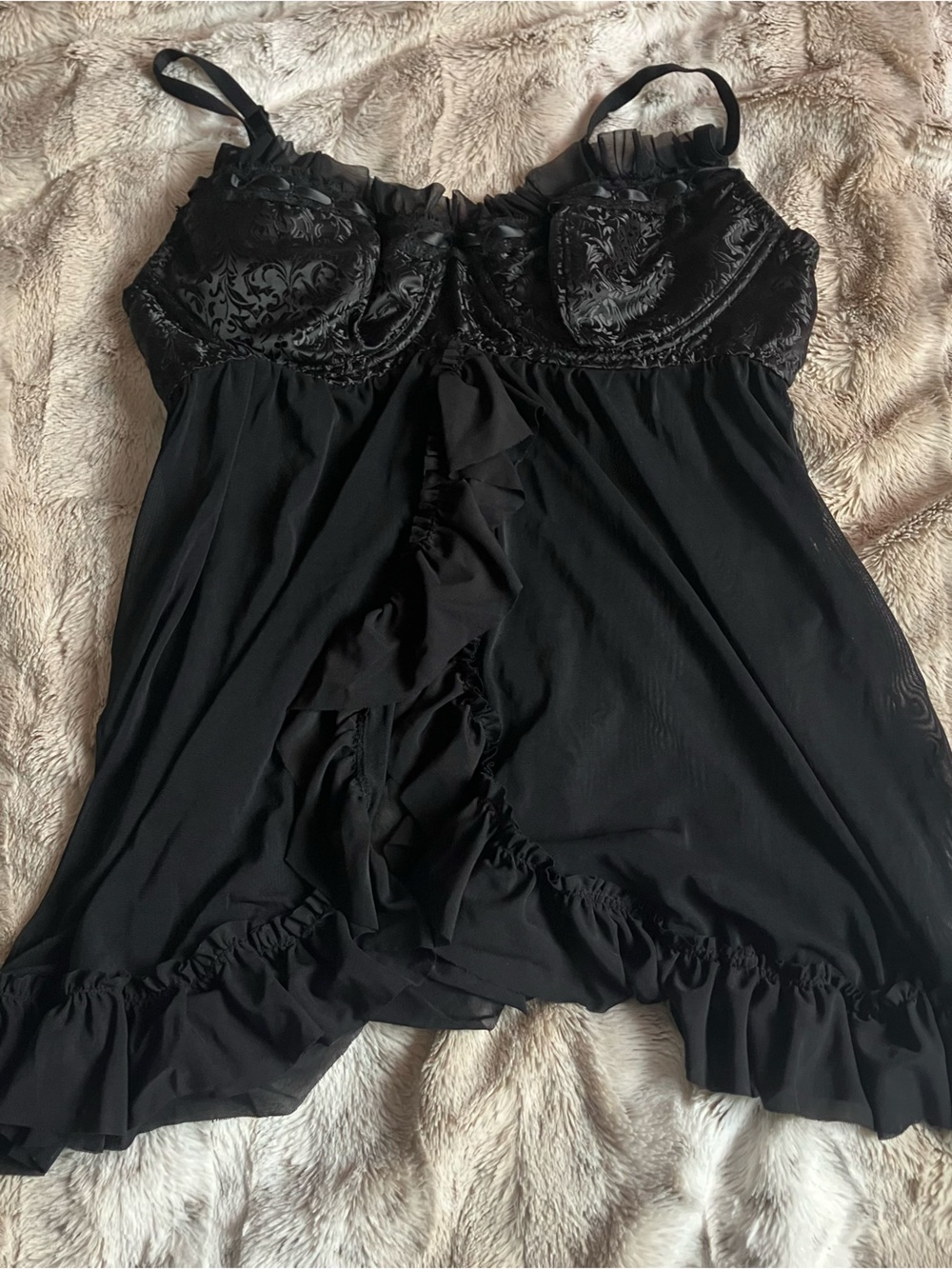 Dreamgirl Black Lace-Trim Ruffled Chemise